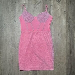 Pink Sparkly Bodycon Dress Corset Spaghetti Strap Size L NWT